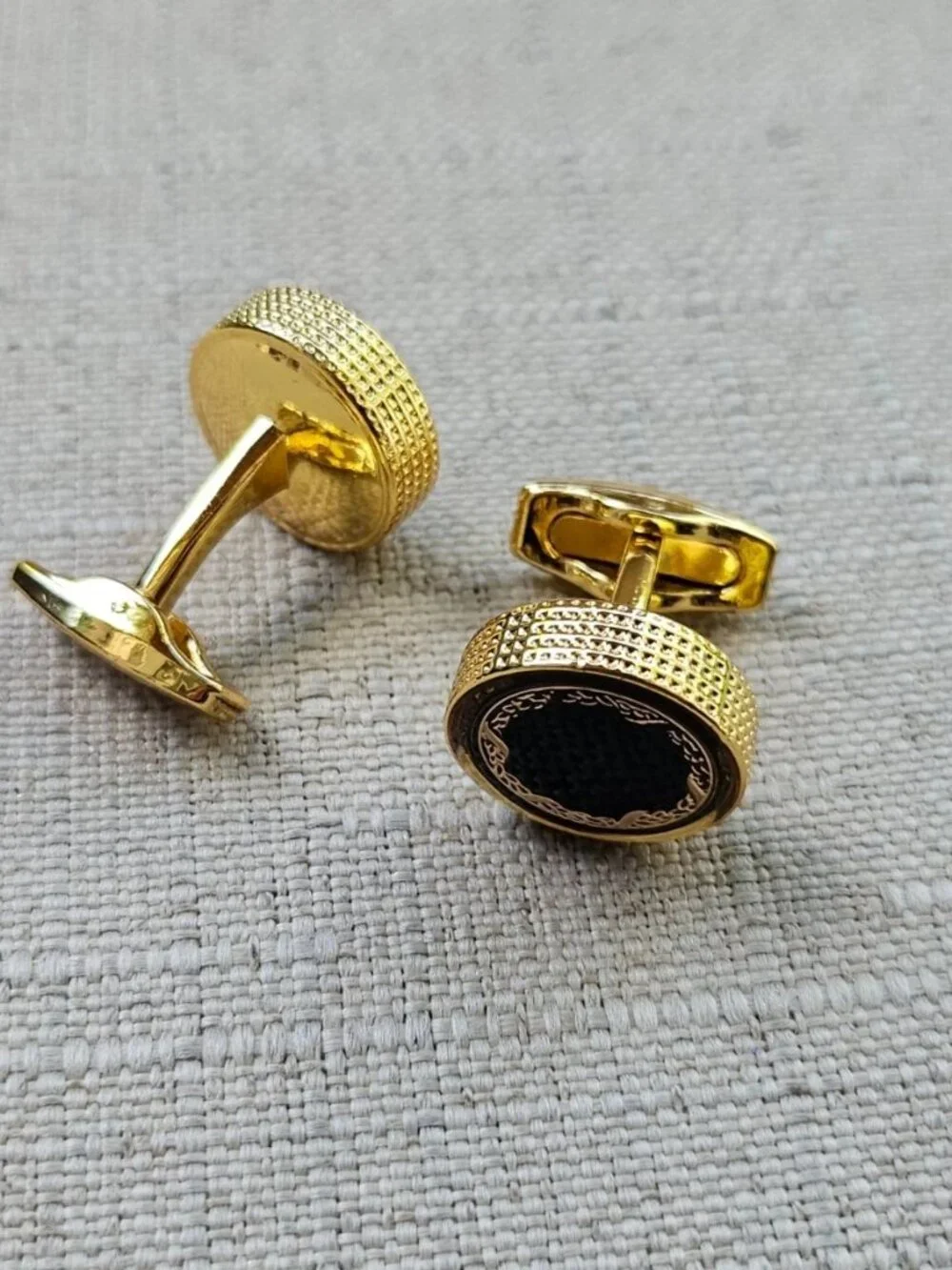 Father Day Gift Cufflinks Black/Gold Tone Round Shape Cuff Links Stud Fashion